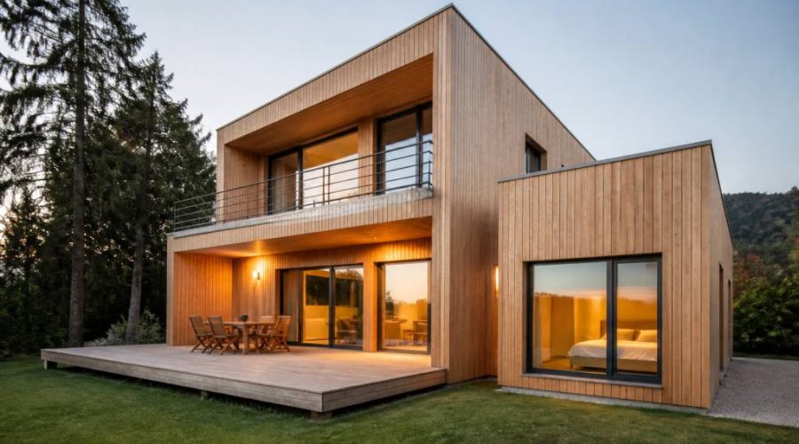 Maison avec un patio : idées, avantages et conseils pour un projet contemporain en bois
