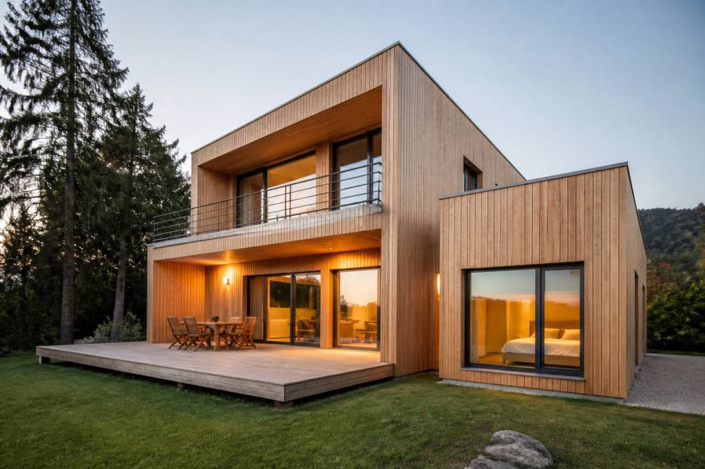 Maison avec un patio : idées, avantages et conseils pour un projet contemporain en bois